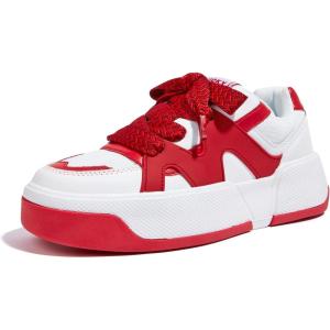 imageLUCKY STEP Womens Platform Fashion Sneakers Lace up Casual Faux Leather Comfortable Thick Sole Tennis Walking ShoesWhiteRed