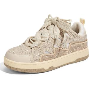 imageLUCKY STEP Womens Sparkle Rhinestone Fashion Sneakers Walking Tennis Bling Glitter Roaring Shoes Platform Lace up Casual Mesh SneakerBeige Rhinestone