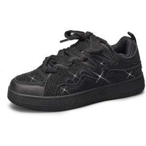 imageLUCKY STEP Womens Sparkle Rhinestone Fashion Sneakers Walking Tennis Bling Glitter Roaring Shoes Platform Lace up Casual Mesh SneakerBlack Rhinestone