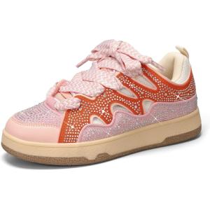 imageLUCKY STEP Womens Sparkle Rhinestone Fashion Sneakers Walking Tennis Bling Glitter Roaring Shoes Platform Lace up Casual Mesh SneakerOrange Rhinestone