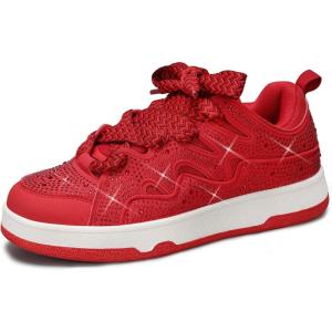 imageLUCKY STEP Womens Sparkle Rhinestone Fashion Sneakers Walking Tennis Bling Glitter Roaring Shoes Platform Lace up Casual Mesh SneakerRed Rhinestone