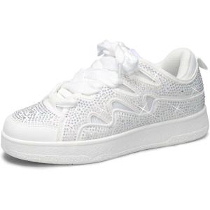 imageLUCKY STEP Womens Sparkle Rhinestone Fashion Sneakers Walking Tennis Bling Glitter Roaring Shoes Platform Lace up Casual Mesh SneakerWhite Rhinestone