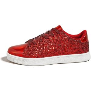 imageLUCKY STEP Glitter Sneakers Lace up  Fashion Sneakers  Sparkly Shoes for WomenRed