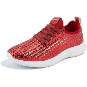 imageLUCKY STEP Womens Metallic Fashion Sneaker Leatherette Studded Jogger Lightweight Casual Walking ShoesRed