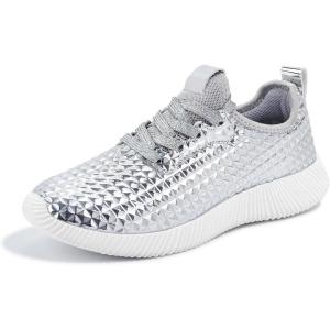 imageLUCKY STEP Womens Metallic Fashion Sneaker Leatherette Studded Jogger Lightweight Casual Walking ShoesSilver