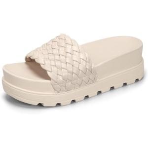 imageLUCKY STEP Womens Platform Sandals Braided Strap Flatform Slide Open Toe Casual Summer Beach Outdoor Wedge Woven Belt SlipperBeige