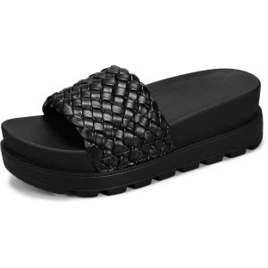 imageLUCKY STEP Womens Platform Sandals Braided Strap Flatform Slide Open Toe Casual Summer Beach Outdoor Wedge Woven Belt SlipperBlack