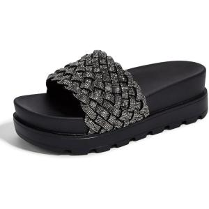 imageLUCKY STEP Womens Platform Sandals Braided Strap Flatform Slide Open Toe Casual Summer Beach Outdoor Wedge Woven Belt SlipperBlack Rhinestone