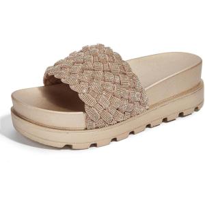 imageLUCKY STEP Womens Platform Sandals Braided Strap Flatform Slide Open Toe Casual Summer Beach Outdoor Wedge Woven Belt SlipperChampaign Gold Rhinestone