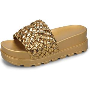 imageLUCKY STEP Womens Platform Sandals Braided Strap Flatform Slide Open Toe Casual Summer Beach Outdoor Wedge Woven Belt SlipperGold