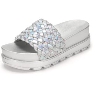 imageLUCKY STEP Womens Platform Sandals Braided Strap Flatform Slide Open Toe Casual Summer Beach Outdoor Wedge Woven Belt SlipperHologram Silver