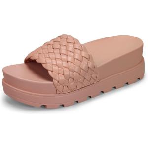 imageLUCKY STEP Womens Platform Sandals Braided Strap Flatform Slide Open Toe Casual Summer Beach Outdoor Wedge Woven Belt SlipperNude