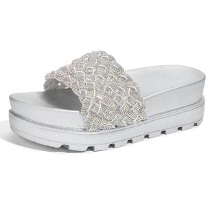 imageLUCKY STEP Womens Platform Sandals Braided Strap Flatform Slide Open Toe Casual Summer Beach Outdoor Wedge Woven Belt SlipperSilver Rhinestone