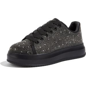 imageLUCKY STEP Rhinestone Sneakers for Women Platform Sparkly Glitter Bling Tennis Shoes Fashion Bedazzled Wedding Bridal Party Walking SneakersBlack