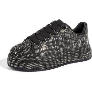 imageLUCKY STEP Rhinestone Sneakers for Women Platform Sparkly Glitter Bling Tennis Shoes Fashion Bedazzled Wedding Bridal Party Walking SneakersBlack Rhinestone