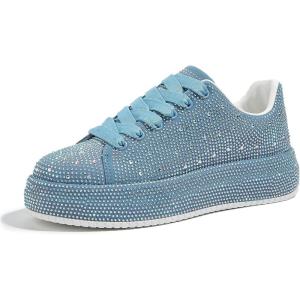 imageLUCKY STEP Rhinestone Sneakers for Women Platform Sparkly Glitter Bling Tennis Shoes Fashion Bedazzled Wedding Bridal Party Walking SneakersBlue Rhinestone