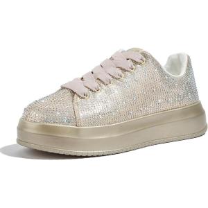 imageLUCKY STEP Rhinestone Sneakers for Women Platform Sparkly Glitter Bling Tennis Shoes Fashion Bedazzled Wedding Bridal Party Walking SneakersGold
