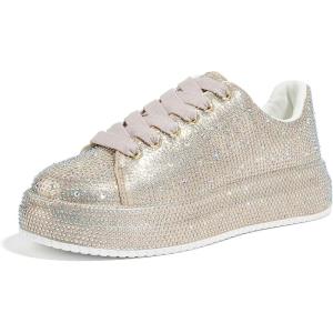 imageLUCKY STEP Rhinestone Sneakers for Women Platform Sparkly Glitter Bling Tennis Shoes Fashion Bedazzled Wedding Bridal Party Walking SneakersGold Rhinestone