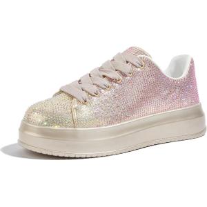 imageLUCKY STEP Rhinestone Sneakers for Women Platform Sparkly Glitter Bling Tennis Shoes Fashion Bedazzled Wedding Bridal Party Walking SneakersPinkGold