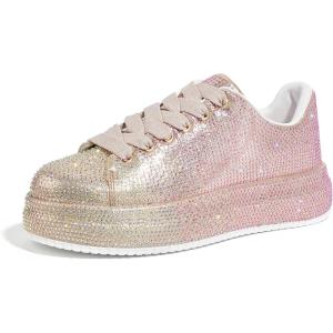 imageLUCKY STEP Rhinestone Sneakers for Women Platform Sparkly Glitter Bling Tennis Shoes Fashion Bedazzled Wedding Bridal Party Walking SneakersPinkGold Rhinestone