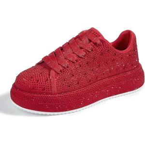 imageLUCKY STEP Rhinestone Sneakers for Women Platform Sparkly Glitter Bling Tennis Shoes Fashion Bedazzled Wedding Bridal Party Walking SneakersRed Rhinestone