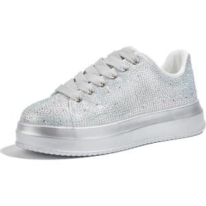 imageLUCKY STEP Rhinestone Sneakers for Women Platform Sparkly Glitter Bling Tennis Shoes Fashion Bedazzled Wedding Bridal Party Walking SneakersSilver
