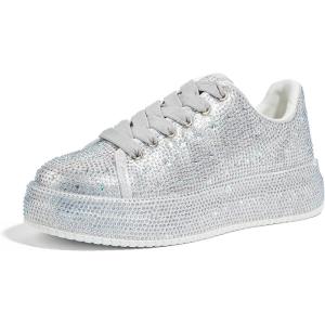 imageLUCKY STEP Rhinestone Sneakers for Women Platform Sparkly Glitter Bling Tennis Shoes Fashion Bedazzled Wedding Bridal Party Walking SneakersSilver Rhinestone