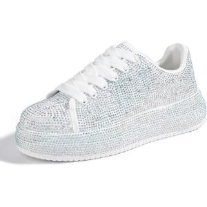 imageLUCKY STEP Rhinestone Sneakers for Women Platform Sparkly Glitter Bling Tennis Shoes Fashion Bedazzled Wedding Bridal Party Walking SneakersWhite Rhinestone