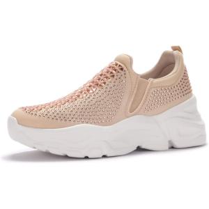 imageLUCKY STEP Women Slip On Rhinestone Sneaker Chunky Fashion Platform Sparkly Elastic Walking ShoesBeige Rhinestone