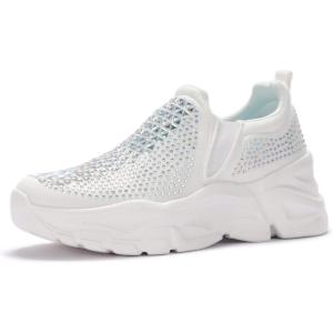 imageLUCKY STEP Women Slip On Rhinestone Sneaker Chunky Fashion Platform Sparkly Elastic Walking ShoesWhite Rhinestone