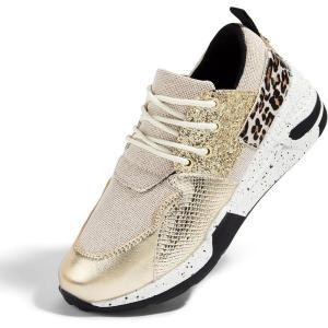 imageLUCKY STEP Womens High Heel Wedge Sneakers Fashion Cliff Platform Retro Lace Up Casual ShoesGoldLeopard