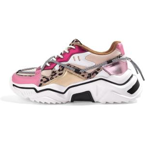 imageLUCKY STEP Womens Platform Colorful Fashion Sneakers Retro Colorblock Stylish Cute Chunky Dad Walking ShoesLeopardFushia