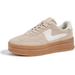 imageLUCKY STEP Womens Platform Fashion Sneakers Thick Sole Suede Genuine Leather Classic Rubber Gum Sole Low Top Casual Walking ShoesBeige