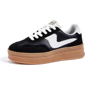 imageLUCKY STEP Womens Platform Fashion Sneakers Thick Sole Suede Genuine Leather Classic Rubber Gum Sole Low Top Casual Walking ShoesBlackWhite