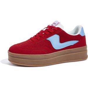 imageLUCKY STEP Womens Platform Fashion Sneakers Thick Sole Suede Genuine Leather Classic Rubber Gum Sole Low Top Casual Walking ShoesRedBlue