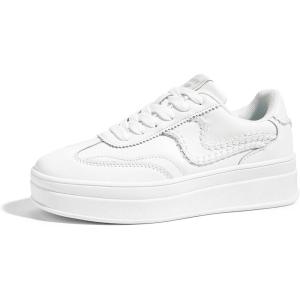 imageLUCKY STEP Womens Platform Fashion Sneakers Thick Sole Suede Genuine Leather Classic Rubber Gum Sole Low Top Casual Walking ShoesWhite