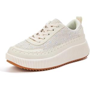 imageLUCKY STEP Womens Platform Sneakers Rhinestone Fashion Chunky Casual Sparkly Retro Braided Walking ShoesBeige Pearl