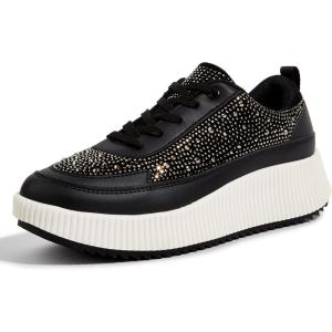 imageLUCKY STEP Womens Platform Sneakers Rhinestone Fashion Chunky Casual Sparkly Retro Braided Walking ShoesBlack Rhinestone