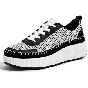 imageLUCKY STEP Womens Platform Sneakers Rhinestone Fashion Chunky Casual Sparkly Retro Braided Walking ShoesBlackWhite Knit
