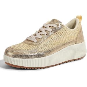 imageLUCKY STEP Womens Platform Sneakers Rhinestone Fashion Chunky Casual Sparkly Retro Braided Walking ShoesGold Knit