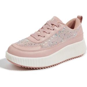 imageLUCKY STEP Womens Platform Sneakers Rhinestone Fashion Chunky Casual Sparkly Retro Braided Walking ShoesPink Rhinestone