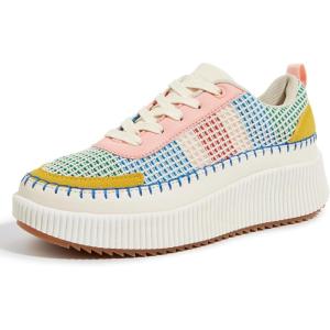 imageLUCKY STEP Womens Platform Sneakers Rhinestone Fashion Chunky Casual Sparkly Retro Braided Walking ShoesPinkYellow Multi Knit