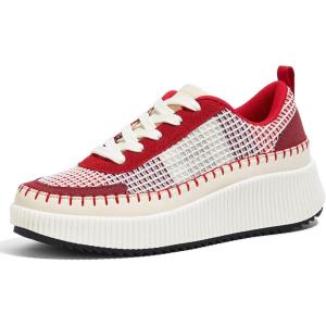 imageLUCKY STEP Womens Platform Sneakers Rhinestone Fashion Chunky Casual Sparkly Retro Braided Walking ShoesRed Knit