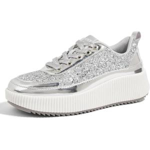 imageLUCKY STEP Womens Platform Sneakers Rhinestone Fashion Chunky Casual Sparkly Retro Braided Walking ShoesSilver Glitter