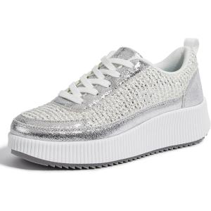 imageLUCKY STEP Womens Platform Sneakers Rhinestone Fashion Chunky Casual Sparkly Retro Braided Walking ShoesSilver Knit