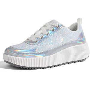 imageLUCKY STEP Womens Platform Sneakers Rhinestone Fashion Chunky Casual Sparkly Retro Braided Walking ShoesWhite Glitter