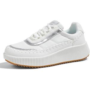 imageLUCKY STEP Womens Platform Sneakers Rhinestone Fashion Chunky Casual Sparkly Retro Braided Walking ShoesWhite Nylon