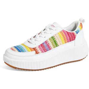 imageLUCKY STEP Womens Platform Sneakers Rhinestone Fashion Chunky Casual Sparkly Retro Braided Walking ShoesWhiteRainbow Knit
