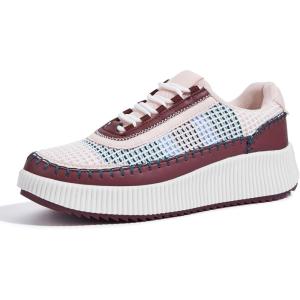 imageLUCKY STEP Womens Platform Sneakers Rhinestone Fashion Chunky Casual Sparkly Retro Braided Walking ShoesWinePink Knit