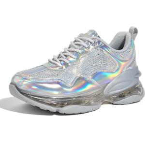 imageLUCKY STEP Womens Air Cushion Rhinestone Fashion Sneakers Chunky Rave Sparkly Casual Comfortable Walking ShoesHologram Silver
